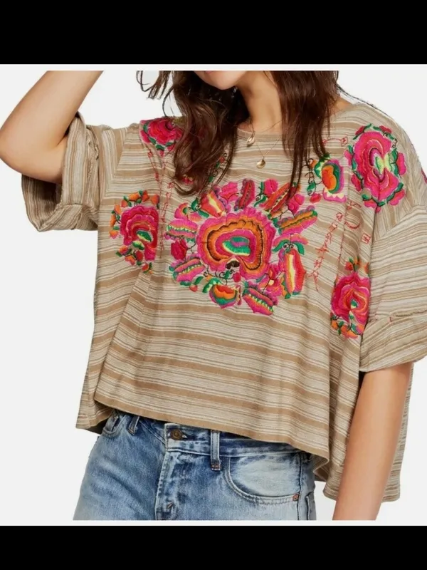 Free People Beige Striped Crop Top with Neon Floral Embroidery-mushroom combo - Image 7