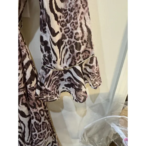 America & Beyond Womens Animal Print Rose Tan Ruffle Trim Robe Tie Kimono - Image 4