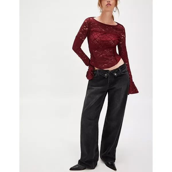 NWT Free People Burgundy Lace Long Sleeve Top M - Image 10