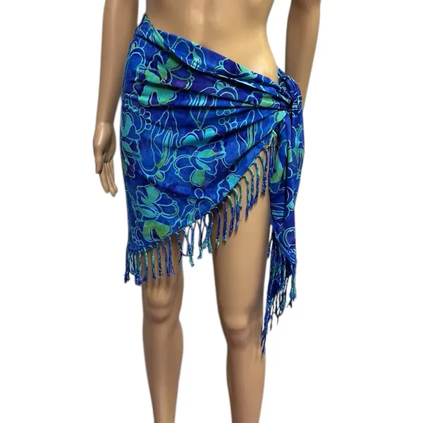 Bali Batiks Resort Wear Handpainted Rayon Fringed Triangular Sarong Scarf Wrap - Image 3