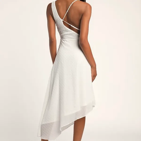 Lulus A Chance on Romance White Swiss Dot Asymmetrical Midi Dress Junior Size Large - Image 4