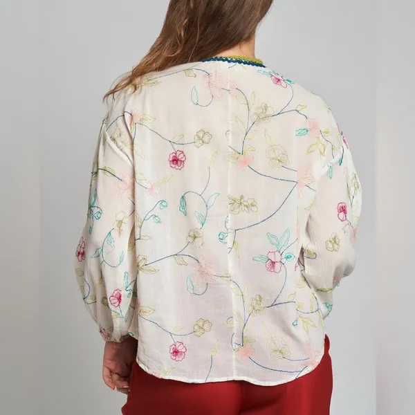 Zara Embroidered Tassel Tie Ivory Peasant Blouse L - Image 3