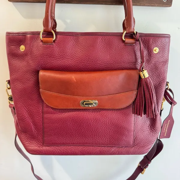 Isaac Mizrahi Bridgehampton Burgundy Cognac Leather Tote‎ Messenger Turnlock Bag - Image 2