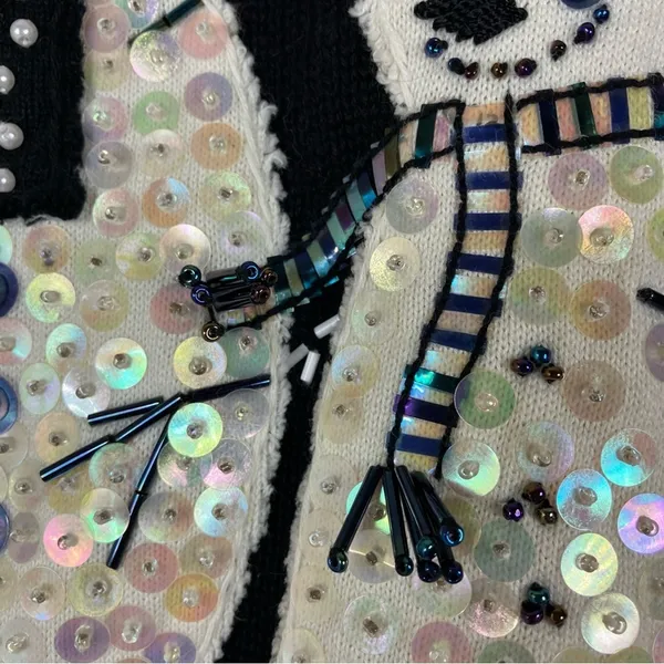 Susan Bristol Black Snowman Embroidered Sequin 3/4 Sleeve Sweater Womens Medium - Image 3