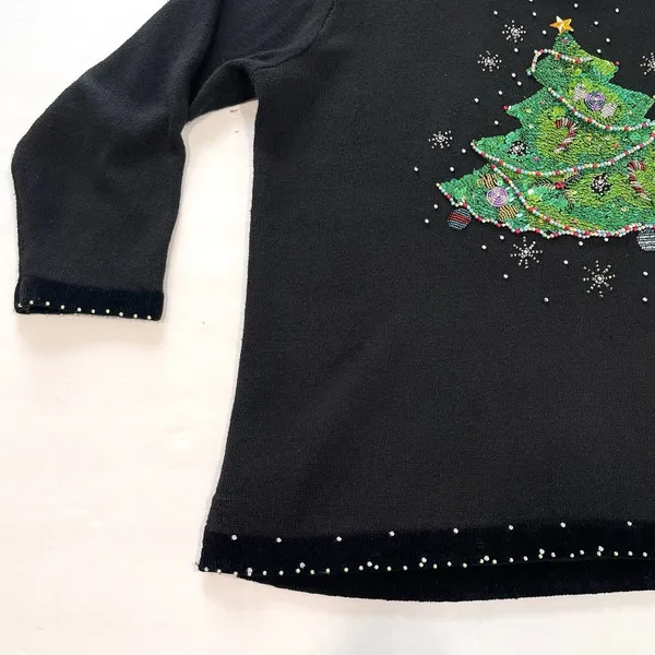 Quacker Factory Black Christmas‎ Tree Holiday V Neck Pullover Sweater Size 1X - Image 4