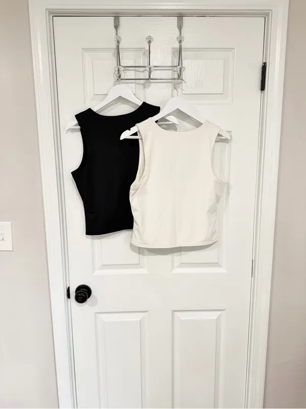 Open Edit 2 Pack V Neck Layering Tank Tops Black Ivory Capsule Wardrobe - Image 3