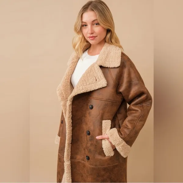 Faux leather teddy shearling long coat in chestnut - Image 4