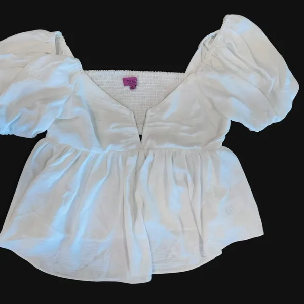 Mi Ami White Puff Sleeve Babydoll Top Smocked Blouse - Size M - Image 2
