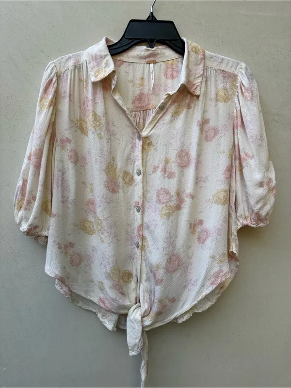 Free People Celia Printed Floral Blouse Ivory Pink Tie Front Puff Sleeve S - Image 2