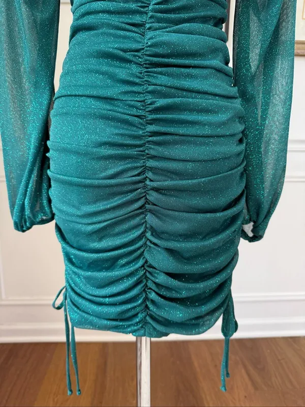 Vintage Y2K Jump Apparel Green Glitter Ruched Long Sleeve Mini Dress XS - Image 8