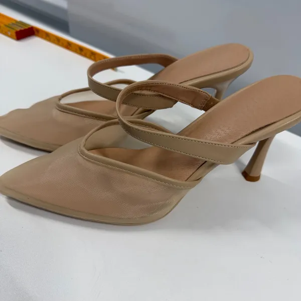 Nude Mesh Pointed Toe Mules Double Strap Stiletto Heels Beige Size 8.5 Tan - Image 2