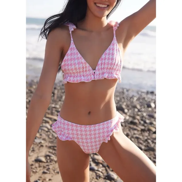 Lost‎ + Wonder Bikini Top Ruffle Houndstooth Women Pink Small $68 - Image 3