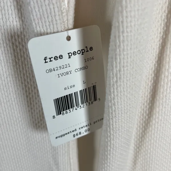 Free People Ivory Combo Henley Thermal Waffle Knit Crochet Cuff Top Large‎ Boho - Image 5