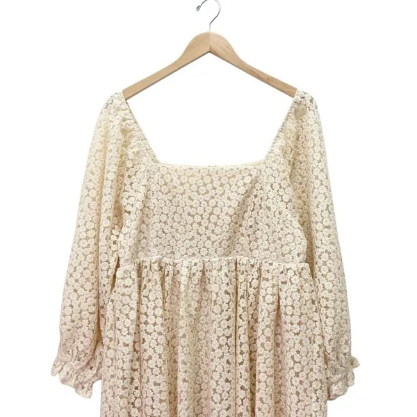 Storia Floral Lace Midi Dress Cream Long Sleeve Square Neck Fit Flare Medium - Image 5