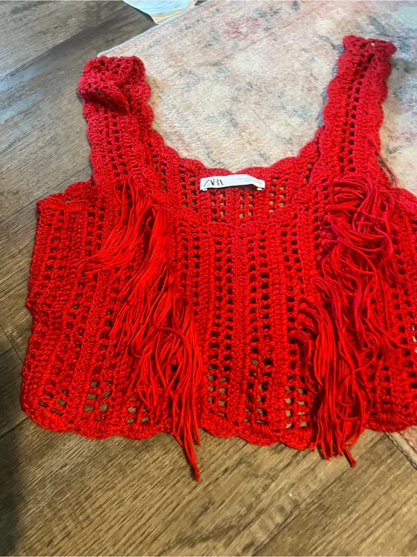 Zara Red Crocheted Fringe Crop Tank Top - Image 13