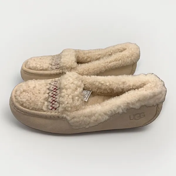 UGG Ansley Heritage Braid Suede Moccasin Slippers Sand Cream Shearling Womens 9 - Image 2