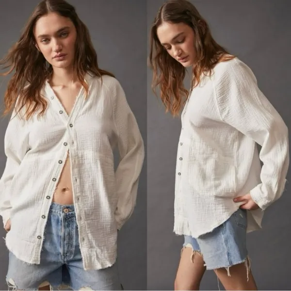 Free People Summer Daydream Buttondown Top in Ivory Size Small Gauze Oversized - Image 14