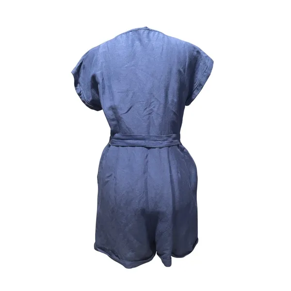 Mango MNG Basics Blue Linen Blend Button Front Romper‎ Tie Waist Women Size 4 S - Image 3