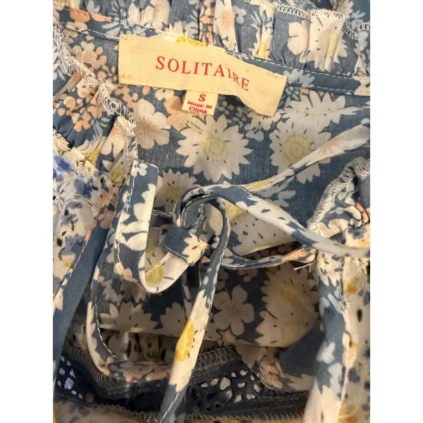 Solitaire Blue Floral Patchwork Ruffle Puff Top shirt blouse crochet boho cottag - Image 8
