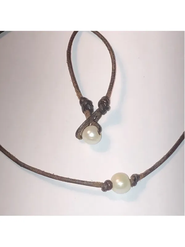 Genuine Pearls Leather Cord Dainty Boho Retro Necklace - Image 3