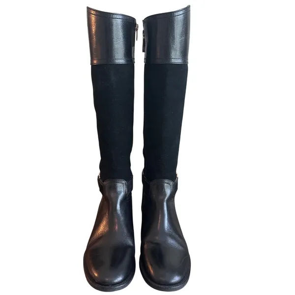 Tory Burch Tenley Riding Boots Black Leather Suede Gold T Logo Sz 8 - Image 2