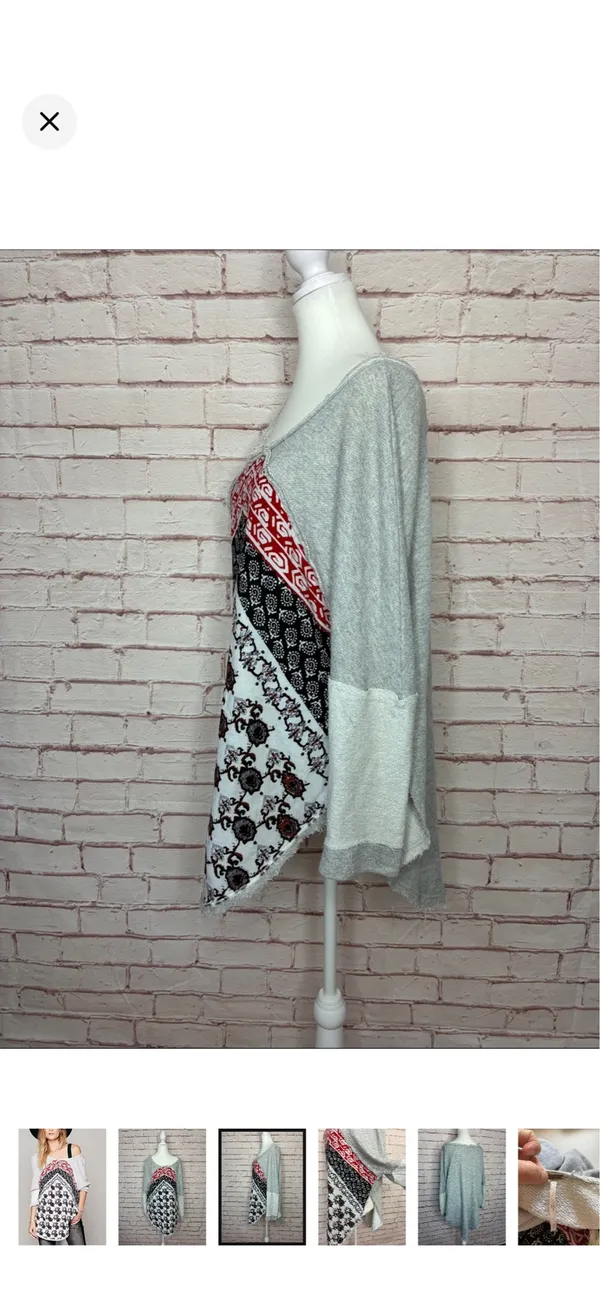 Free People Del Ray Pullover Terry Tunic Top EUC Small. Stretchy and very oversized. Beautiful boho bandana pattern. Raw hems. Split sides. 22.5” bust 28” at longest point - Image 3
