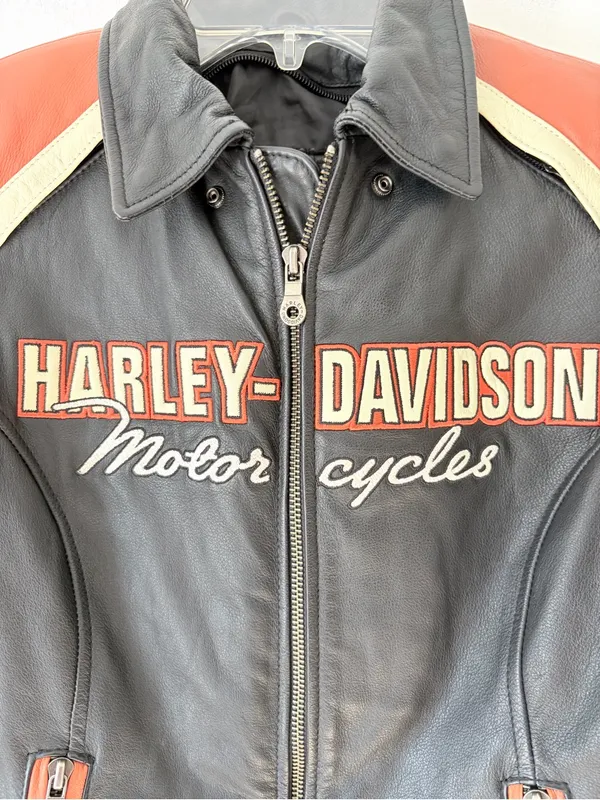 Harley Davidson Vintage Cruiser Leather Jacket size XS Black Cream Orange - Image 7