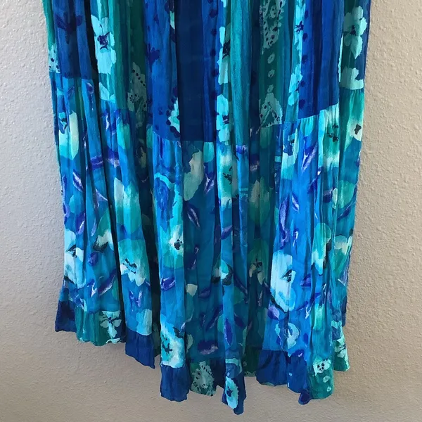 Vintage Blue Mermaidcore Floral Patchwork Bohemian Hippie Festival Maxi Skirt XL - Image 3