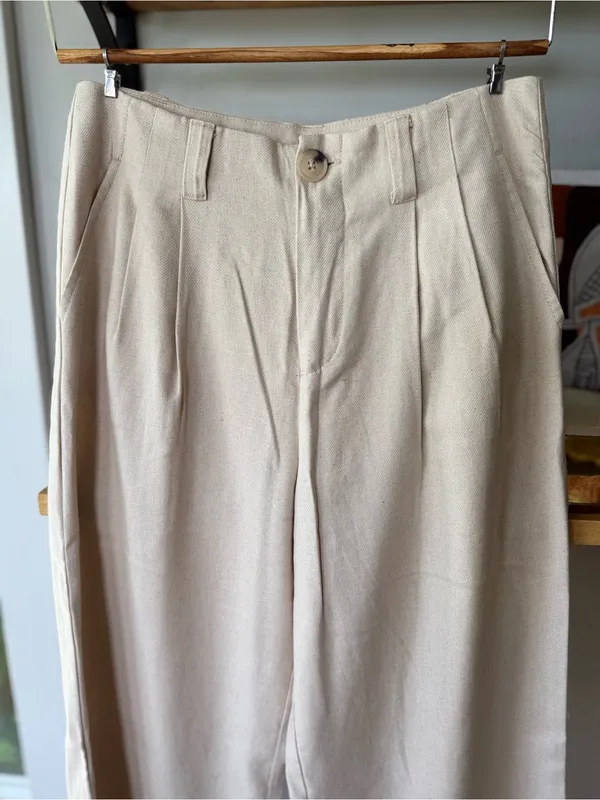 Stradivarius Cream Khaki Linen Blend Tailored Dress Pants Size 6 - Image 3