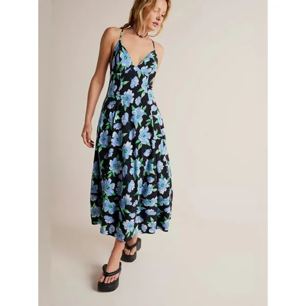 Free People Finer Things Printed Halter Midi Dress Black Combo Large Tropical - Image 4