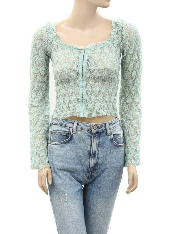 NWT Free People One Madison Top Smocked Lace Sheer Hook-Front Bell Sleeve Medium - Image 4
