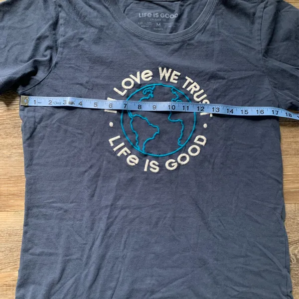 Life is Good Blue Crusher Tee with Embroidered Earth Design - Image 3