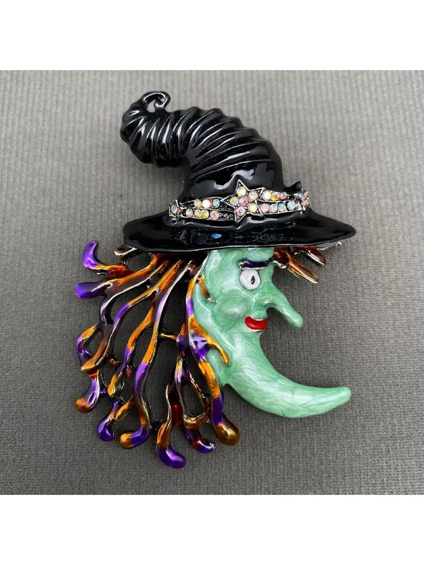Moon Magic Witch Brooch Halloween Pin Green - Image 2
