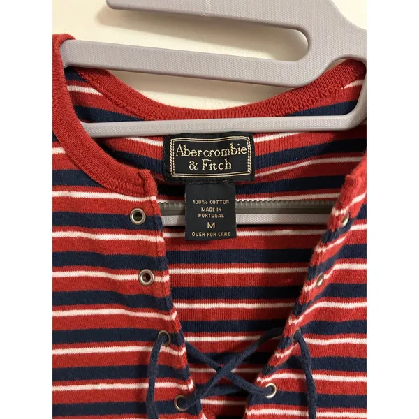 Vintage Y2K Abercrombie & Fitch Lace-Up Striped Baby Tee Rare Medium red blue‎ - Image 2