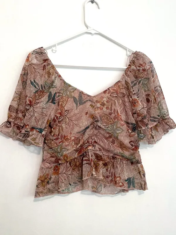 MERAKI Mauve Pink Floral Mesh Ruched Short Sleeve Puff Sleeve Crop Top Blouse L - Image 12
