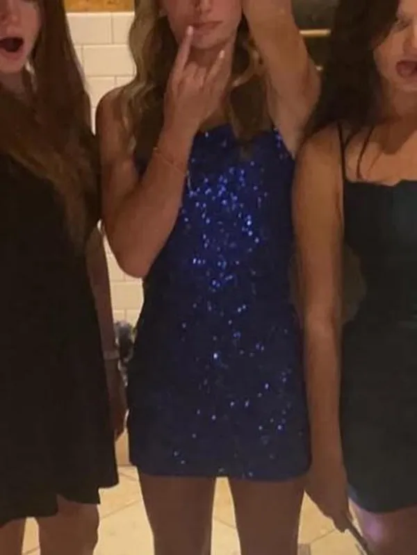 Lucy in the Sky blue sequin cowl neck mini dress, has straps that cross in the back, worn once for hoco - Image 3