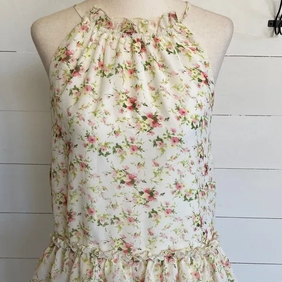NSR‎ Floral Halter Ruffle Tiered Mini Dress Cream Pink XS CD9975 Made in USA - Image 7