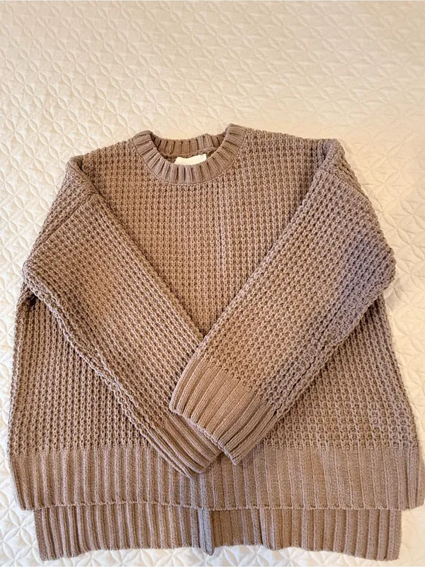 PINK ROSE Taupe Waffle-Knit Crew Sweater - Image 3