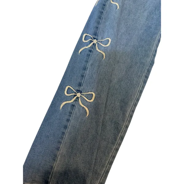 Wide Leg Bow Embroidered Jeans‎ Blue White Trendy Coquette Baggy Preppy Size 27 - Image 3