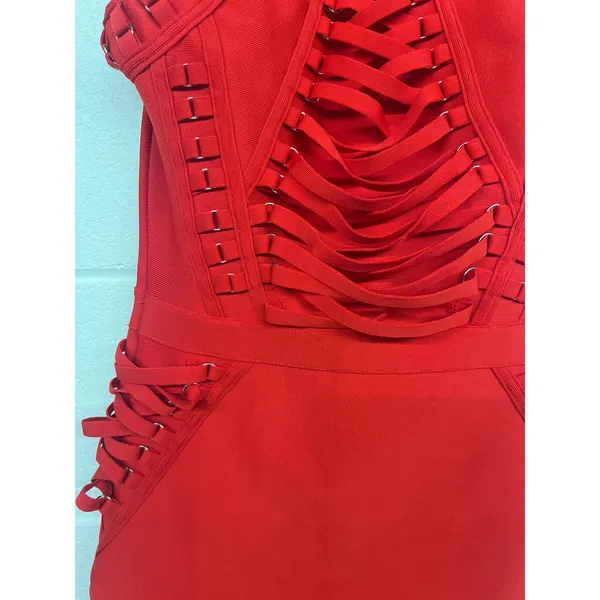 Hybrid & Company Sz M Red Sexy Bodycon Strappy Knee Length Midi Bandage Dress - Image 4