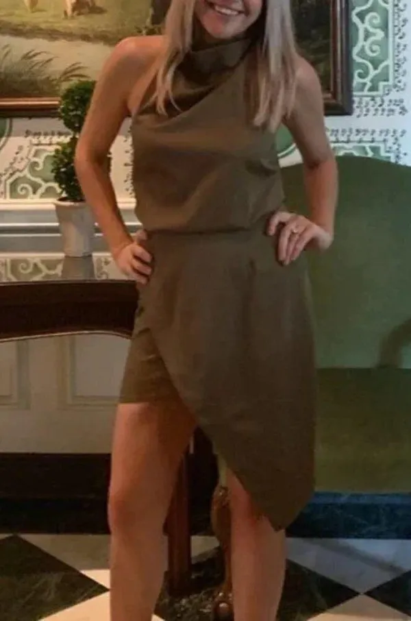 ELLIATT Camo Asymmetric Satin Cocktail Dress in Khaki Size X-Small - Image 14