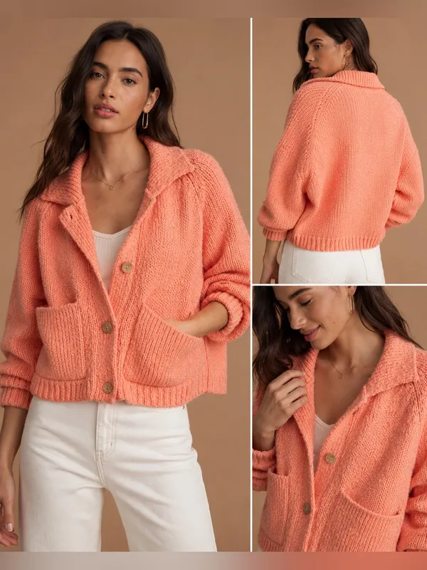 Corral ✨ NWT Pilcro Anthropologie Chunky Knit Cardigan‎ Size M Coral Collared Sweater ✨ - Image 2