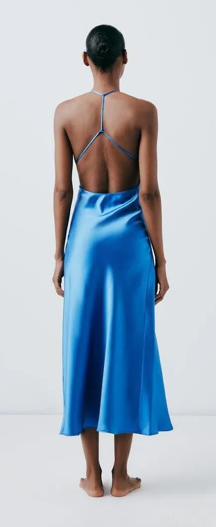 Zara Dress Cobalt Blue Satin Effect Maxi Midi Wedding Party Date Coctail - Image 8