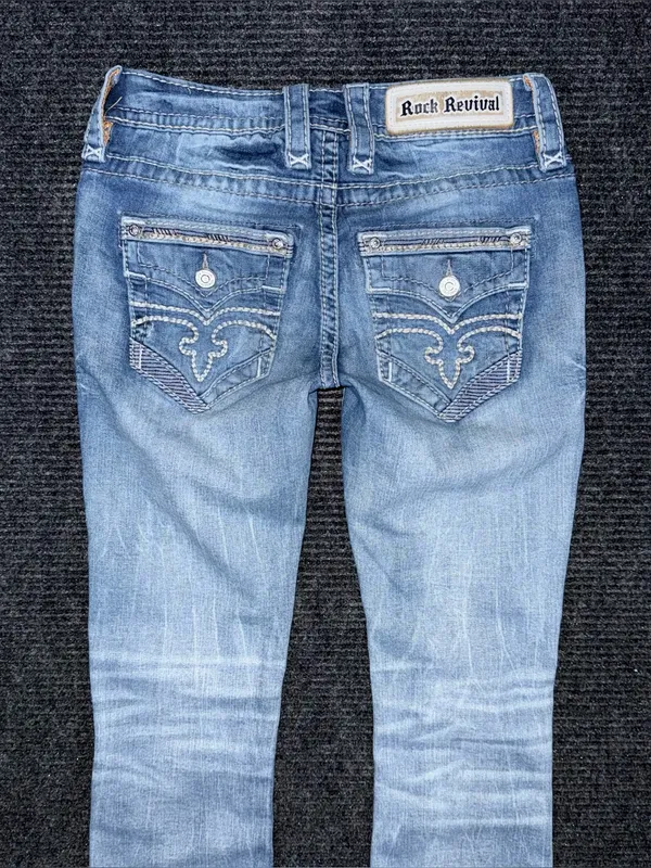 Y2K Rock Revival Lang Low Rise Bootcut Jean Light Wash Embroidered Distressed 25 - Image 4