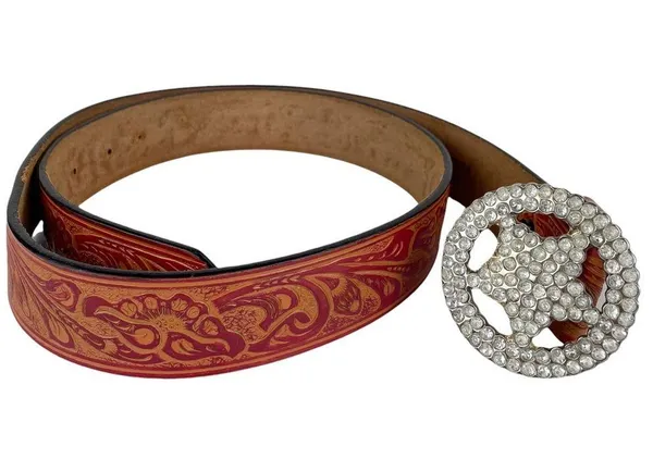 Western Embellished Star Bling Tooled Bonded Leather Belt Sz Large - Image 3