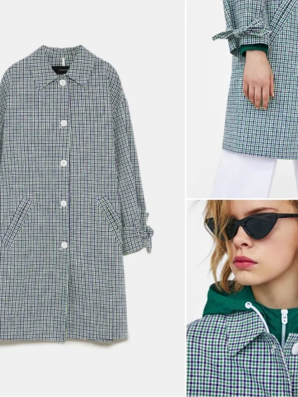 Zara Green Plaid Bow Cuff Coat Sz S Preppy Like New - Image 4