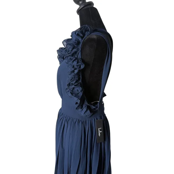Lulus Navy Blue Ruffle Chiffon Midi Maxi‎ Dress Flowy One Shoulder Formal Size M - Image 11