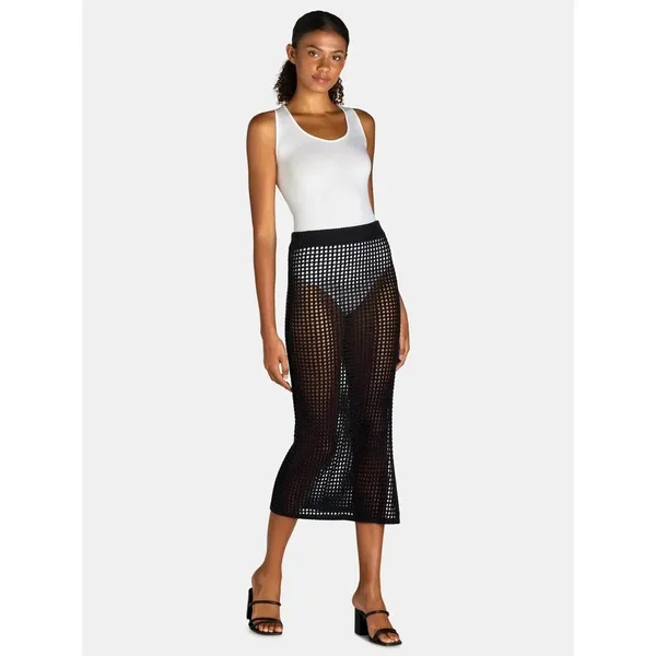 Time and Tru Womens Cover-Up Skirt Size M Black Crochet Swim Beach Split Boho - Image 5