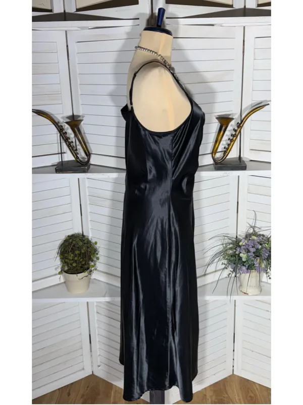 Black satin slip dress ruched front sweetheart cocktail whimsigoth punk alt sz M - Image 4