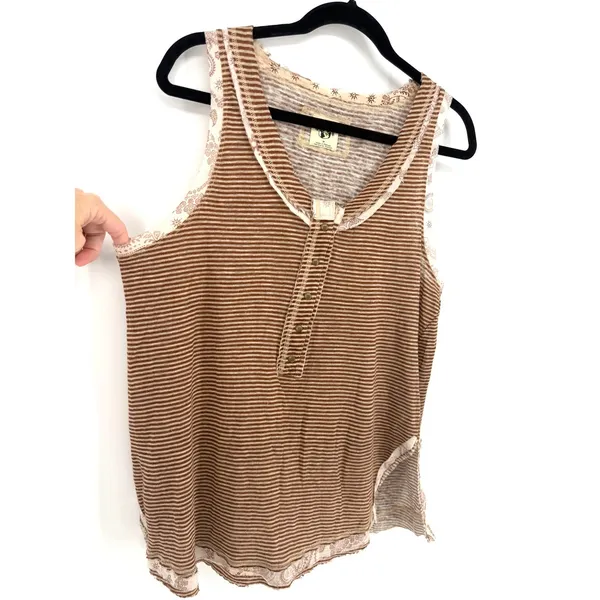 Free People Tank Top Striped Henley Medium Brown Linen Blend Boho Sleeveless - Image 5